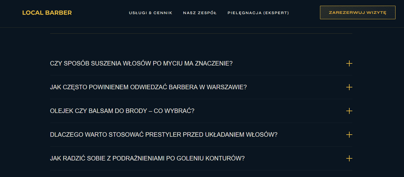 Strefa FAQ o pielęgnacji na stronie dla salonu fryzjerskiego