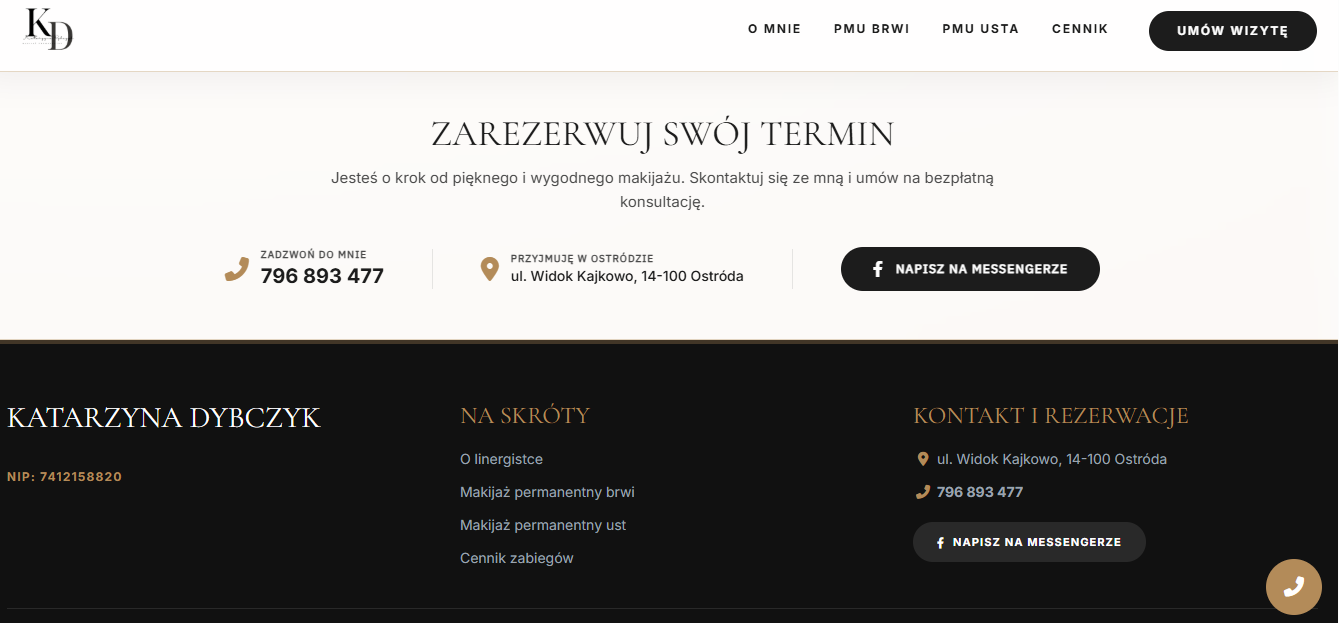 Formularz kontaktowy i użyteczność strony salonu urody